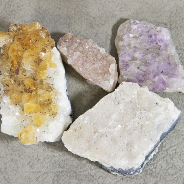 Set of Four Amethyst Clusters - Purple, Orange, Pink, and White