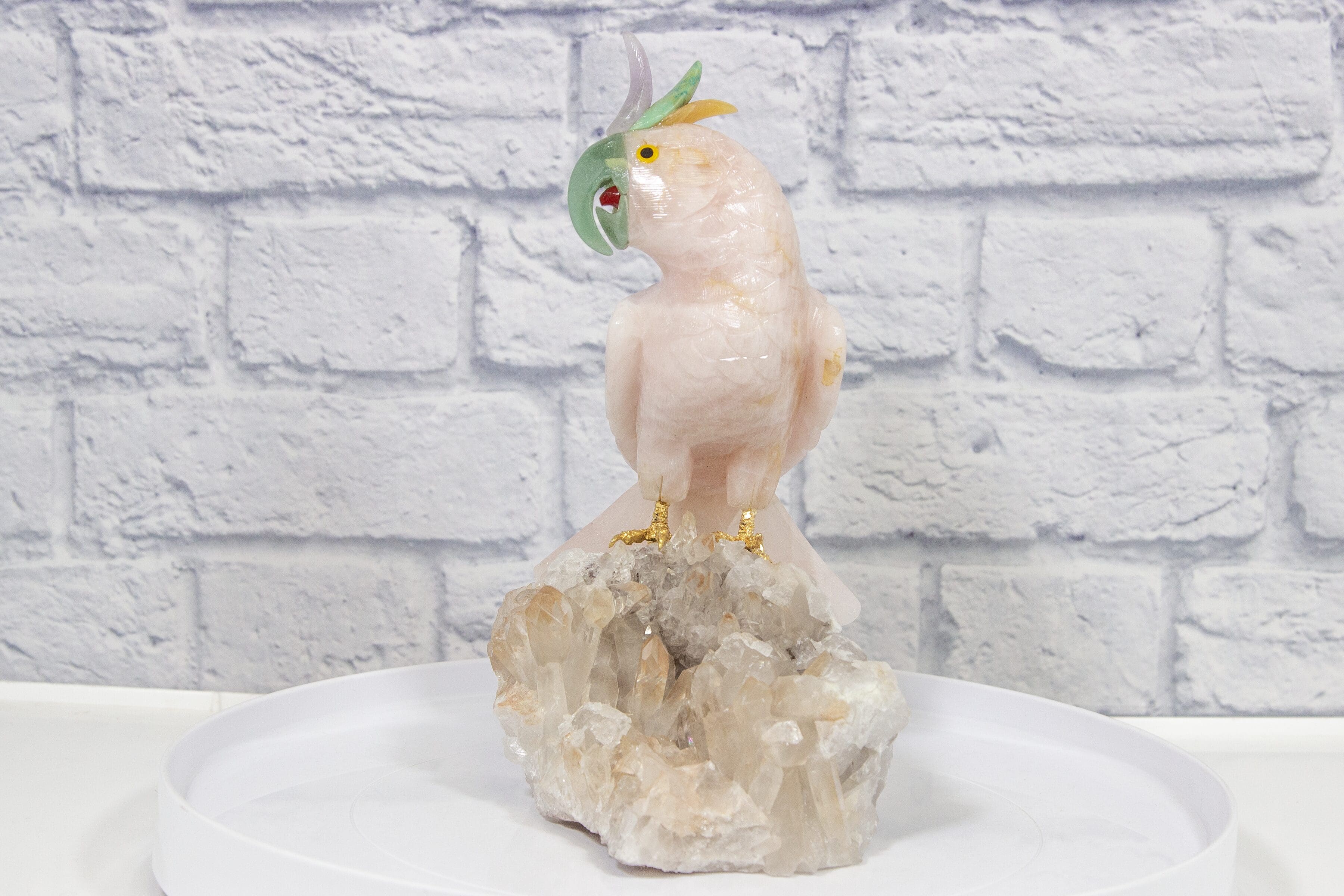 Hand Carved Rose Quartz Parrot, on Crystal Base